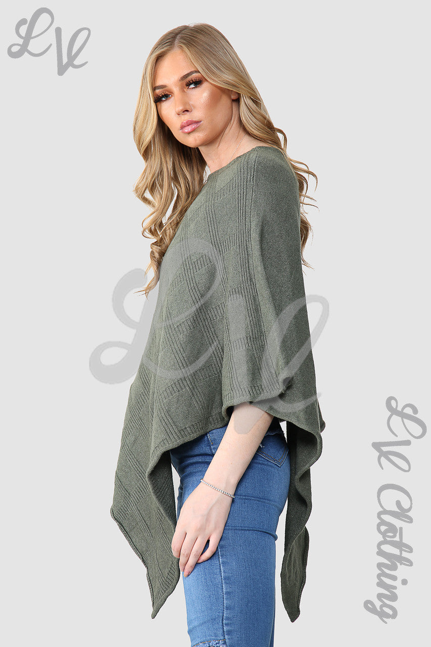 Ladies Diamond Imprint Knitted Poncho Cape Khaki - Unit Price £10.99
