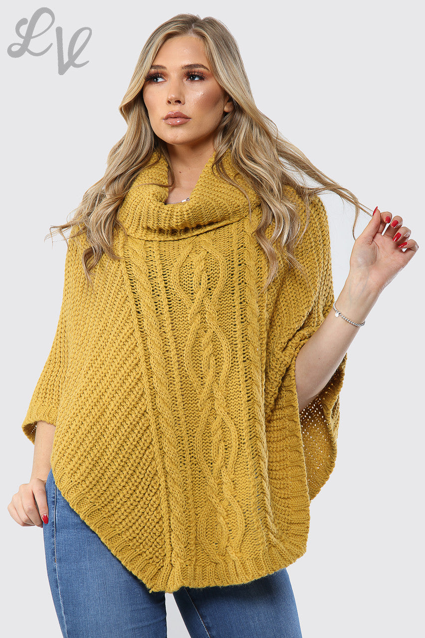 Dames Kabelgebreide Poncho met Col Mosterd