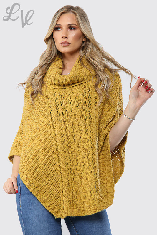 Dames Kabelgebreide Poncho met Col Mosterd