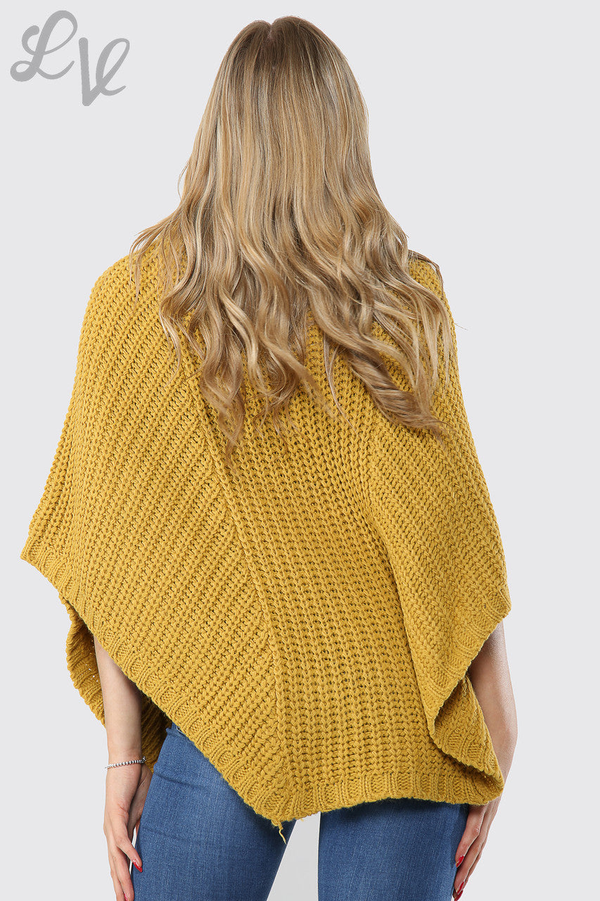 Dames Kabelgebreide Poncho met Col Mosterd