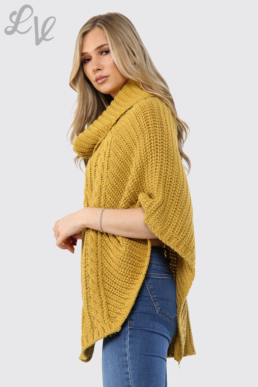 Dames Kabelgebreide Poncho met Col Mosterd