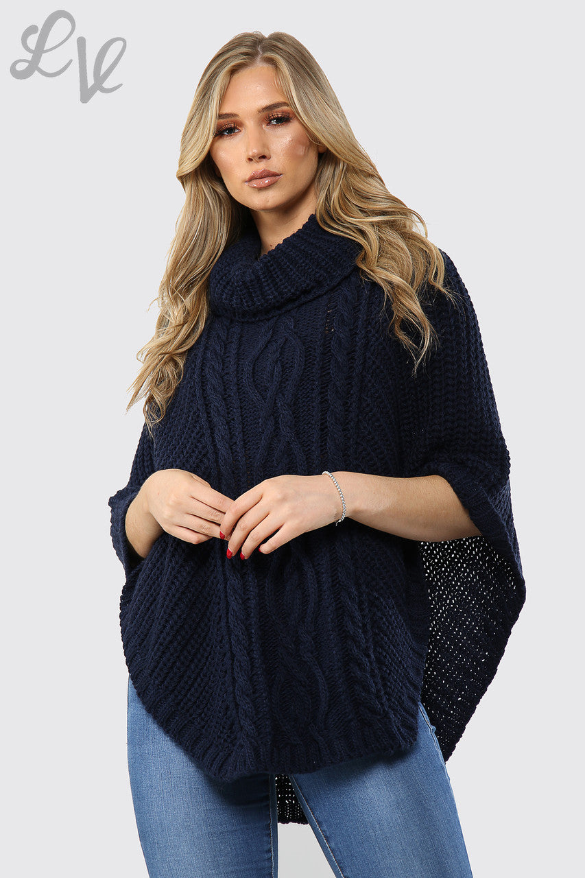 Dames Kabelgebreide Colponcho Marineblauw