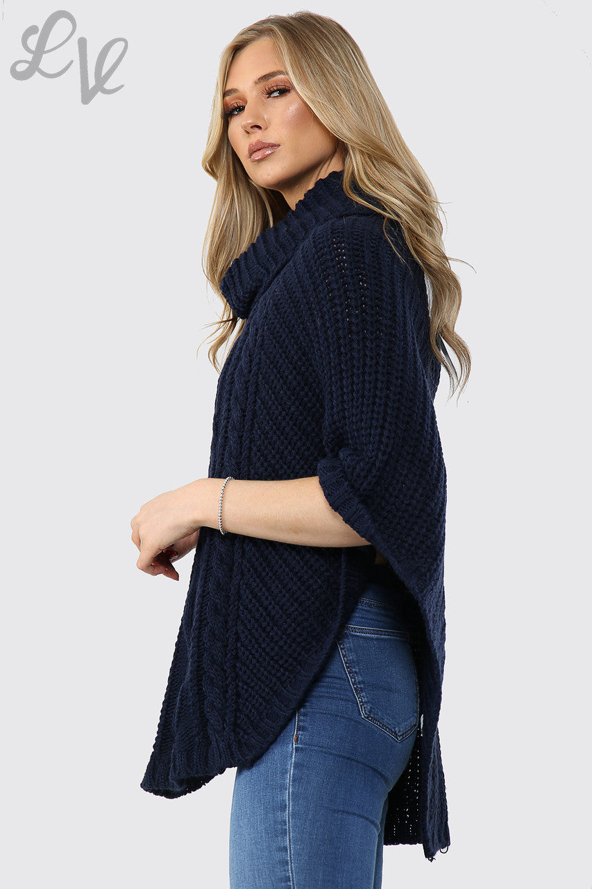 Dames Kabelgebreide Colponcho Marineblauw