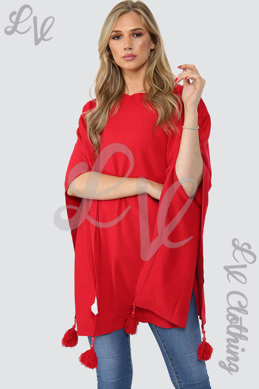 Damesponcho/trui met kwastjes en pompons Rood - Prijs per stuk €15,99