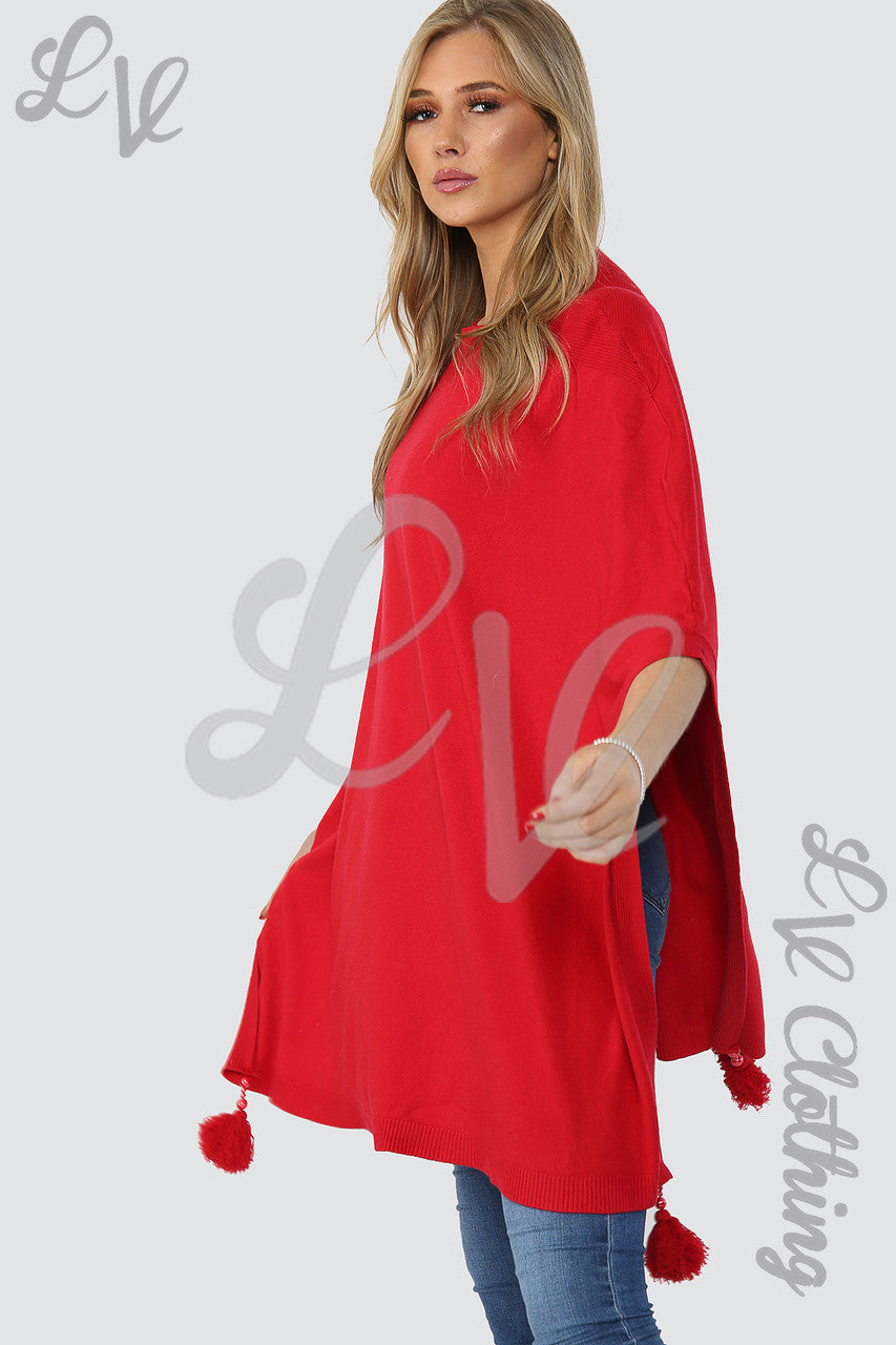 Damesponcho/trui met kwastjes en pompons Rood - Prijs per stuk €15,99