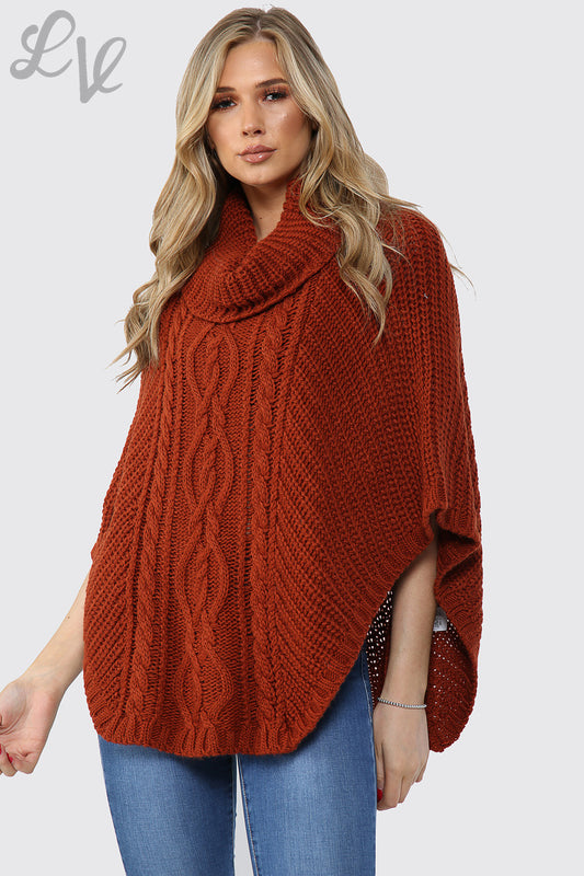Dames kabelgebreide colponcho roestbruin
