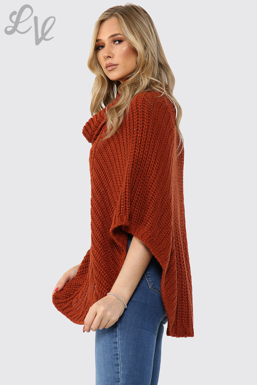 Dames kabelgebreide colponcho roestbruin