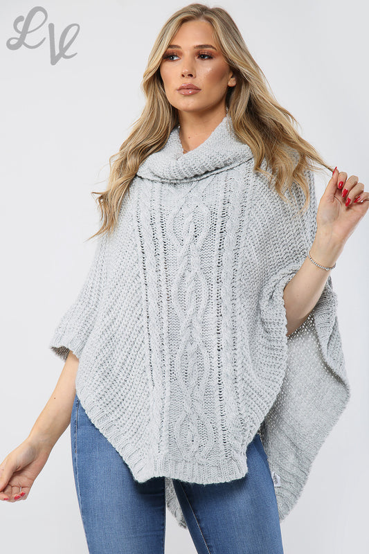 Dames kabelgebreide poncho met col zilver