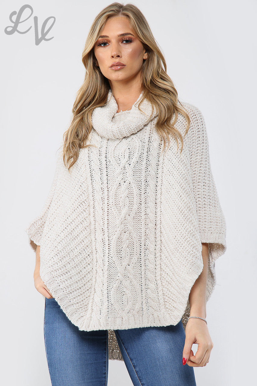 Dames Kabelgebreide Colponcho Haver (Hafer)