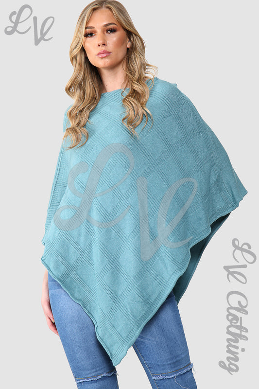 Ladies knitted diamond-print poncho cape, Tiffany blue with draped asymmetric hem