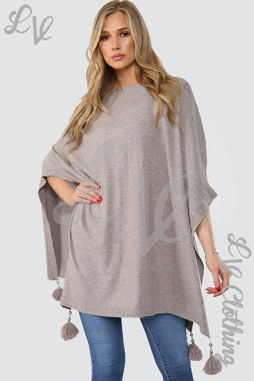 Ladies Tassel Pom Pom Poncho/Jumper  Taupe - Unit Price £15.99