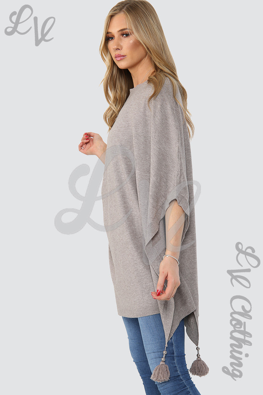 Ladies Tassel Pom Pom Poncho/Jumper  Taupe - Unit Price £15.99