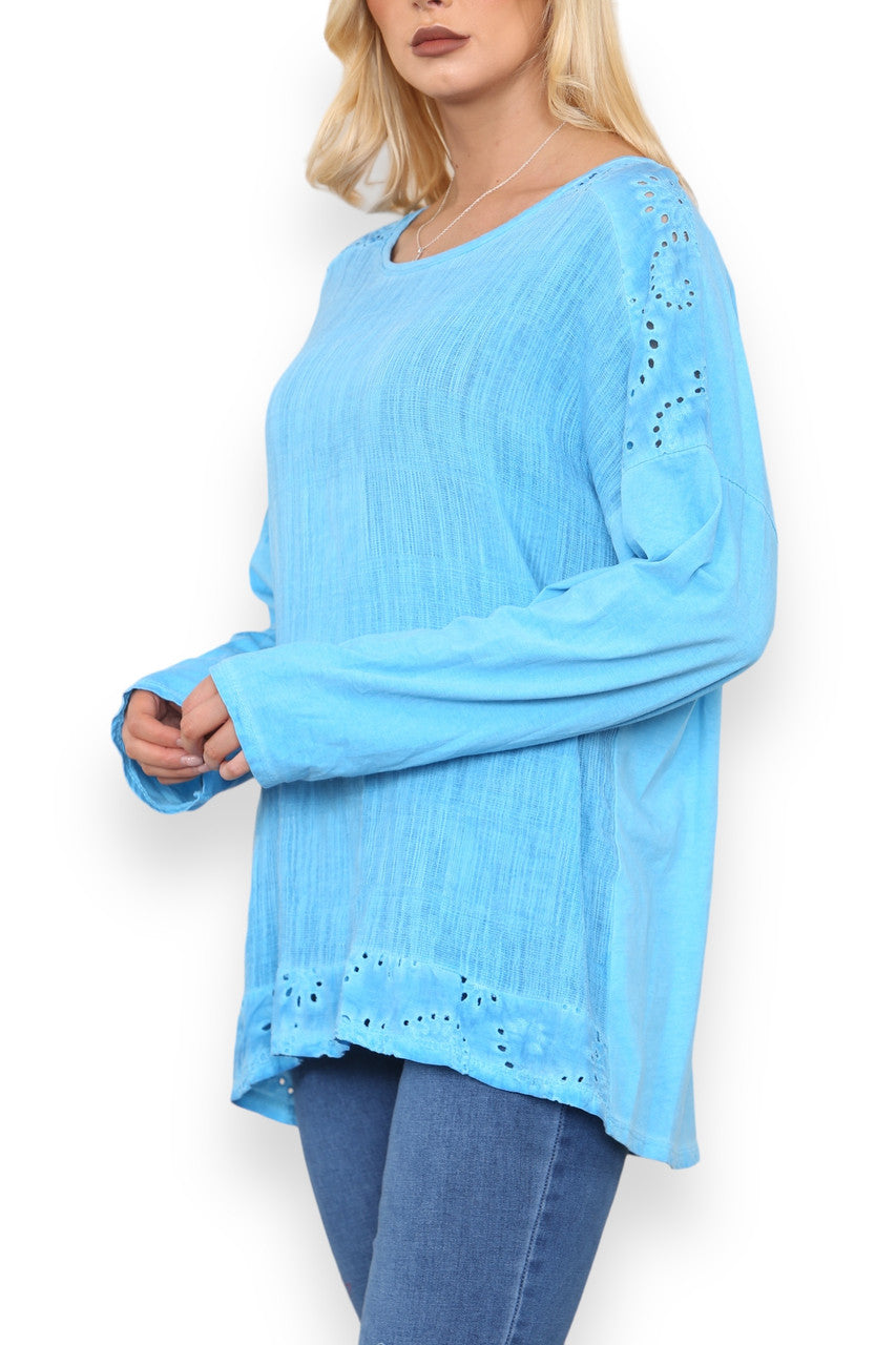 ANGLAISE SHOULDER & HEM DETAIL TOP TURQUOISE