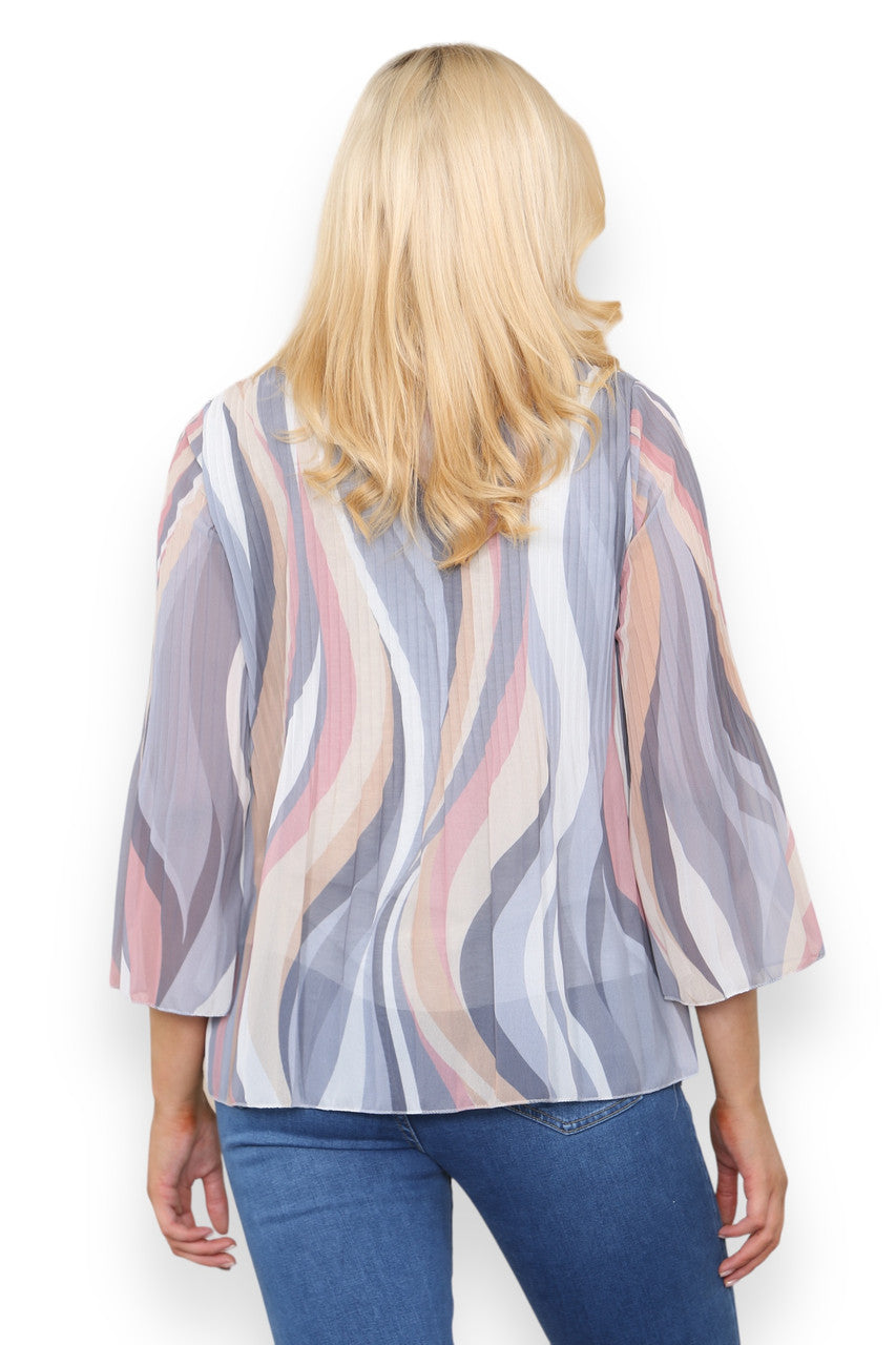 SWIRL LINES PRINT PLEATED BLOUSE TOP GREY