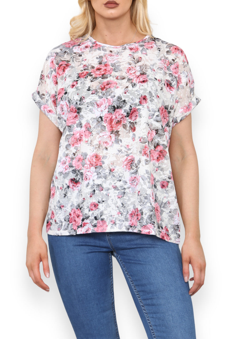 BURNOUT ROSE PRINT TOP WHITE