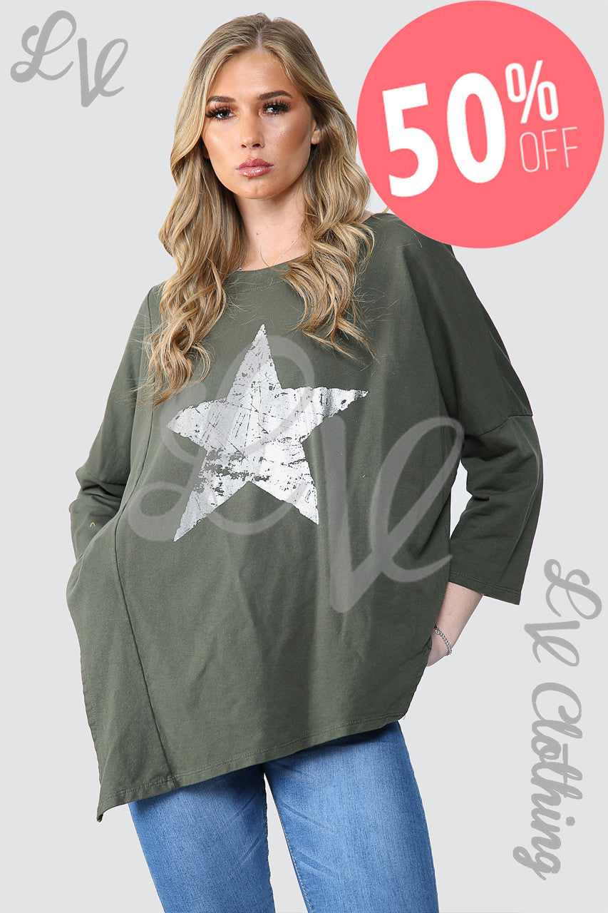 Dames Oversized Tuniek Top Khaki met Zilverfolie Ster - Prijs WAS €11,99 NU €5,99