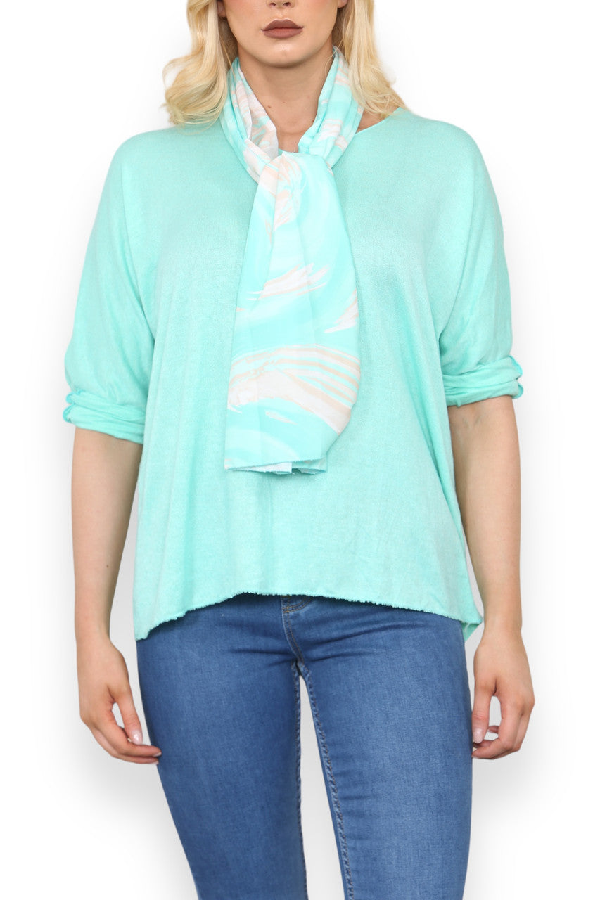 PLAIN FINE KNIT TOP WITH PRINTED SILKY SCARF MINT GREEN
