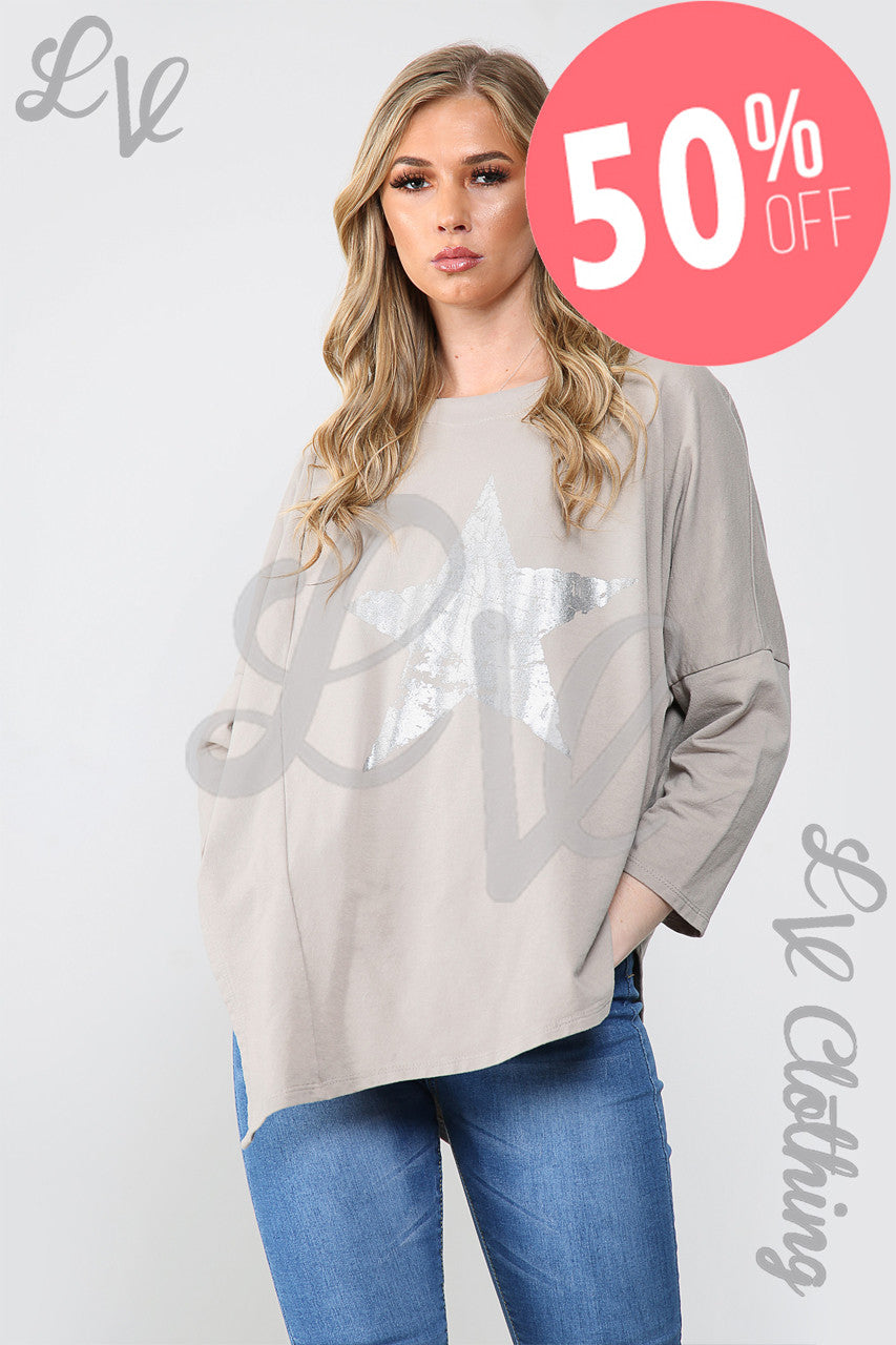 Ladies Silver Foil Star Oversized Tunic Top Taupe - Unit Price WAS £11.99 NOW £5.99