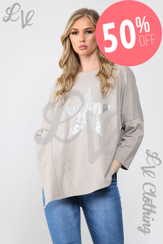 Taupe oversized tunic top with 3/4 sleeves and silver foil star print front