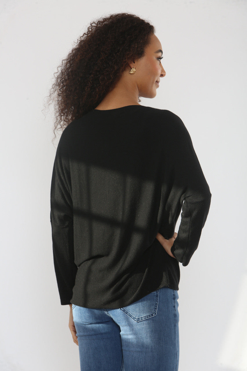 SEQUIN DOUBLE STARS SPARKLE FINE KNIT JUMPER TOP BLACK