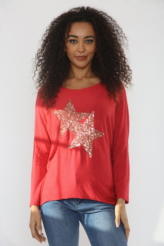 SEQUIN DOUBLE STARS SPARKLE FINE KNIT JUMPER TOP RED