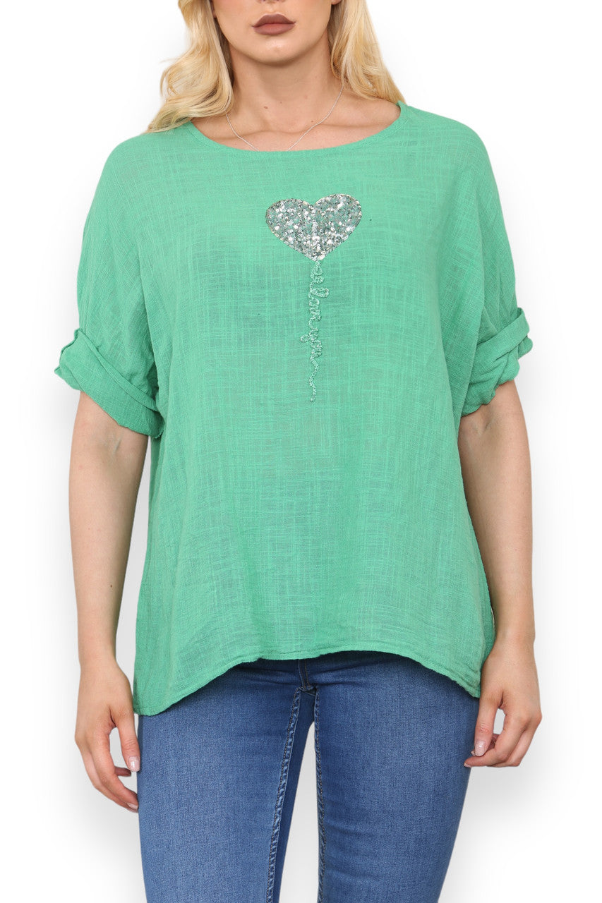 BALLOON HEART SEQUIN TOP GREEN