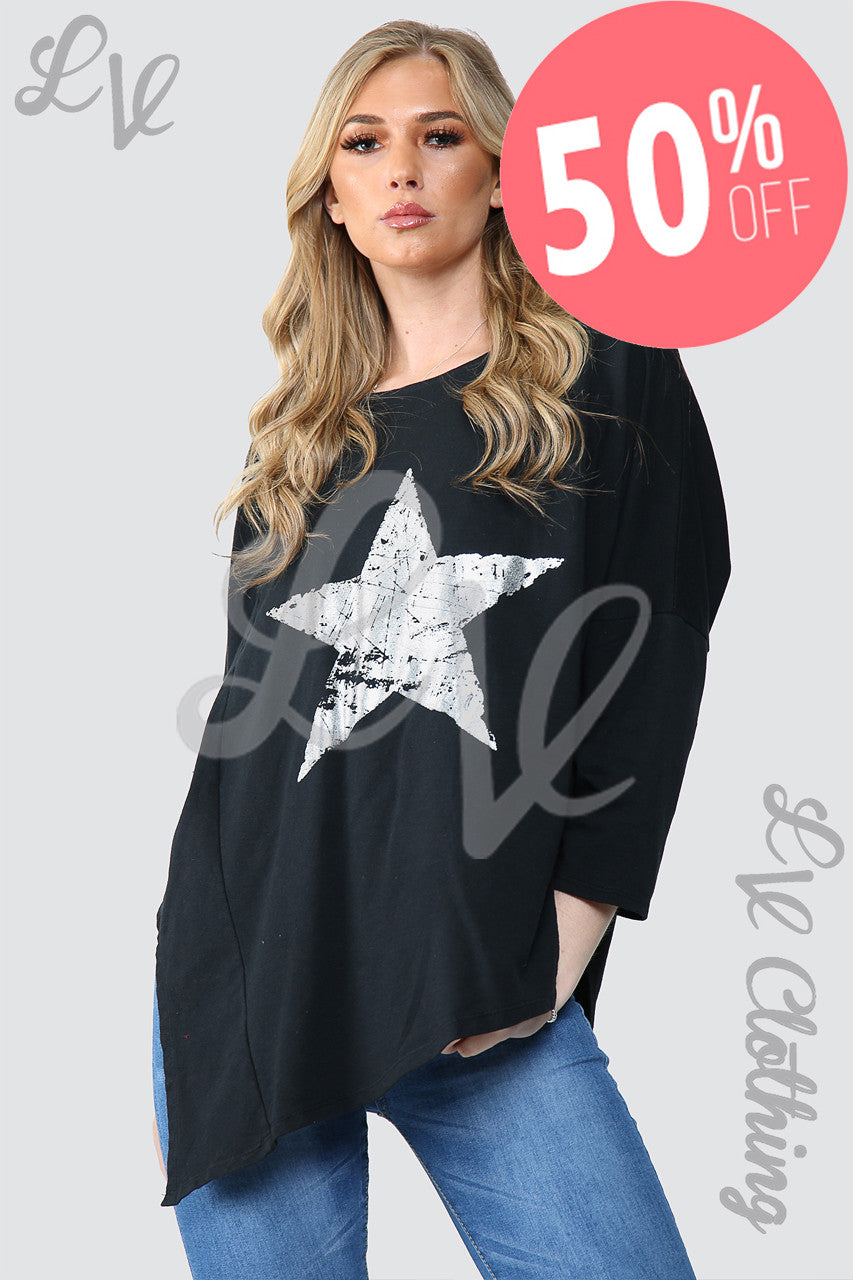 Dames Zilverfolie Ster Oversized Tuniek Top Zwart - Stukprijs WAS € 11,99 NU € 5,99