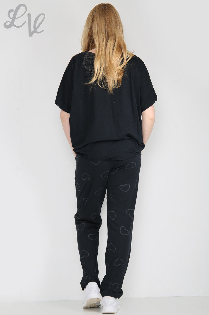 Dames Glitter Hartjes Print Loungewear Set Zwart Stuksprijs WAS €25,99 NU €12,99