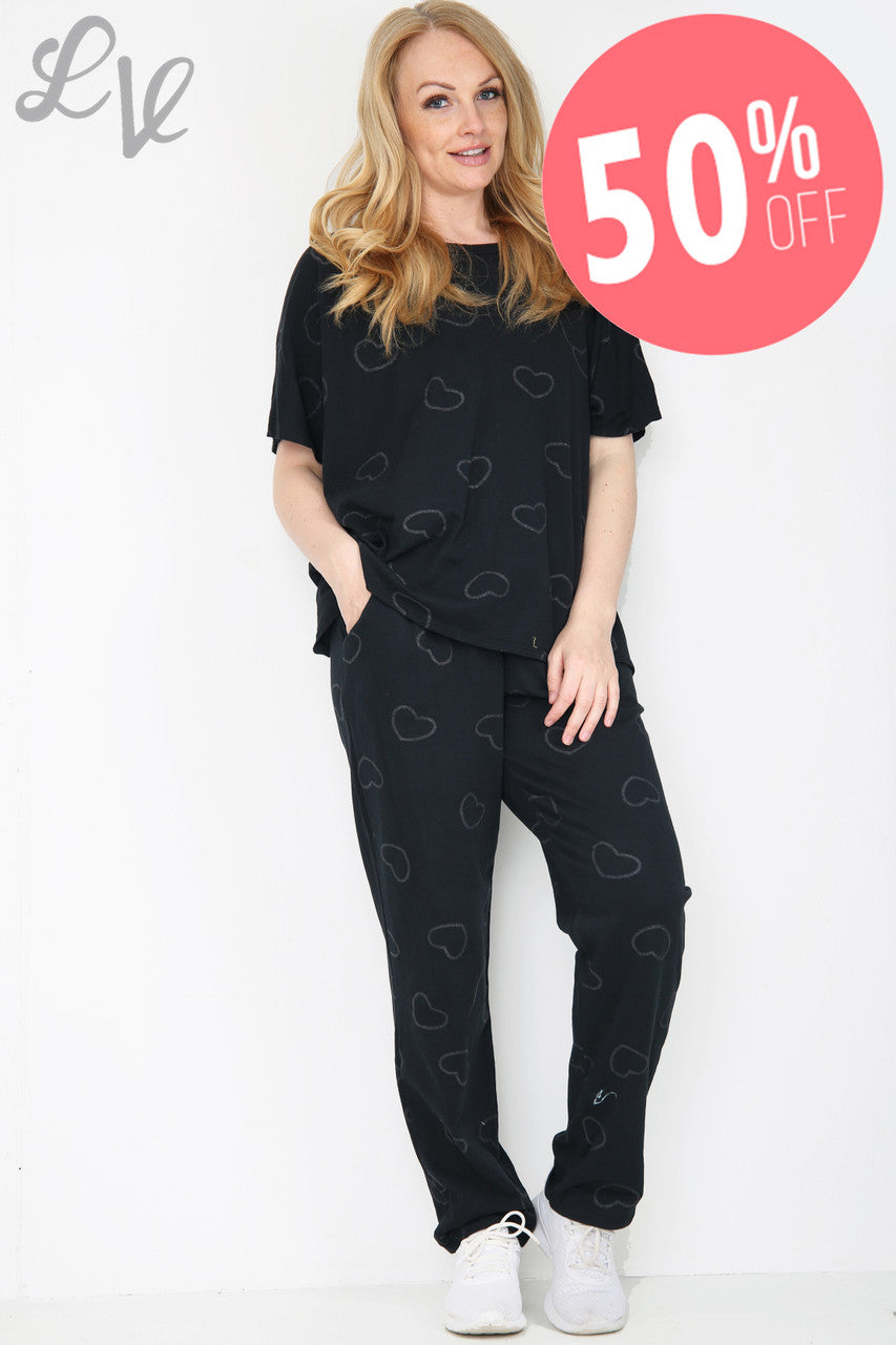 Dames Glitter Hartjes Print Loungewear Set Zwart Stuksprijs WAS €25,99 NU €12,99