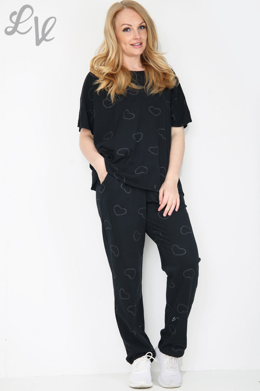 Dames Glitter Hartjes Print Loungewear Set Zwart Stuksprijs WAS €25,99 NU €12,99