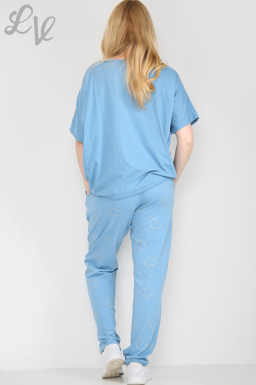 Dames Glitter Hartjesprint Loungewear Set Denim Stukprijs WAS €25,99 NU €12,99