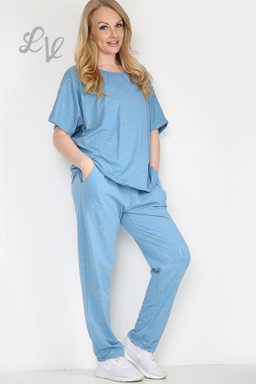 Dames Glitter Hartjesprint Loungewear Set Denim Stukprijs WAS €25,99 NU €12,99