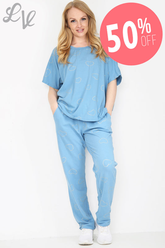 Ladies Glitter Heart Print Loungewear Set Denim Unit Price WAS £25.99 NOW £12.99