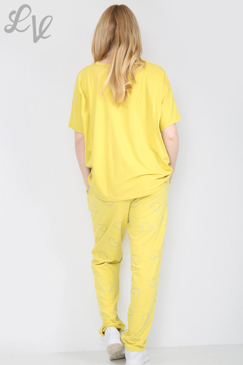Dames Glitter Hartjes Print Loungewear Set Mosterd Stukprijs WAS €25,99 NU €12,99