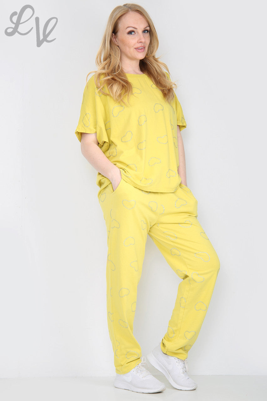 Dames Glitter Hartjes Print Loungewear Set Mosterd Stukprijs WAS €25,99 NU €12,99