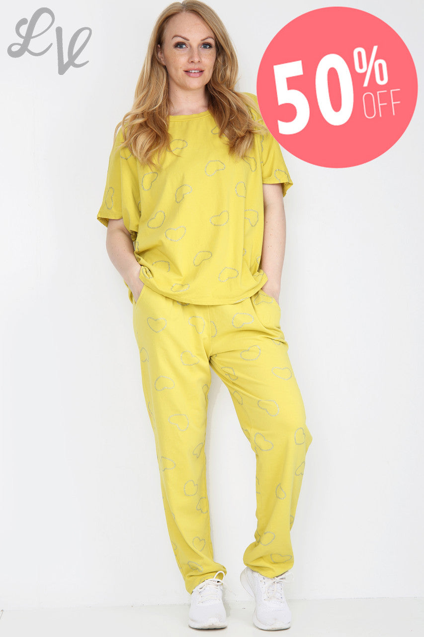 Dames Glitter Hartjes Print Loungewear Set Mosterd Stukprijs WAS €25,99 NU €12,99