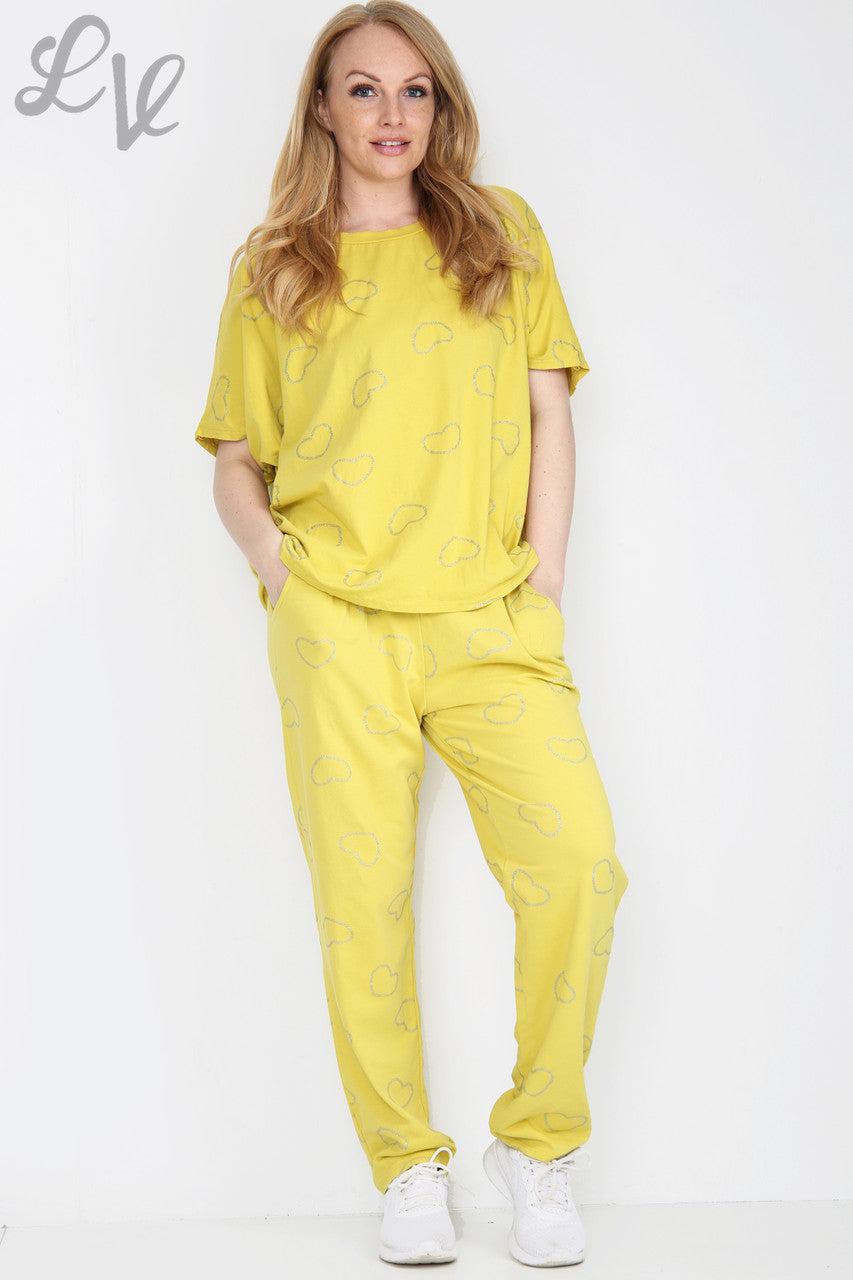Dames Glitter Hartjes Print Loungewear Set Mosterd Stukprijs WAS €25,99 NU €12,99