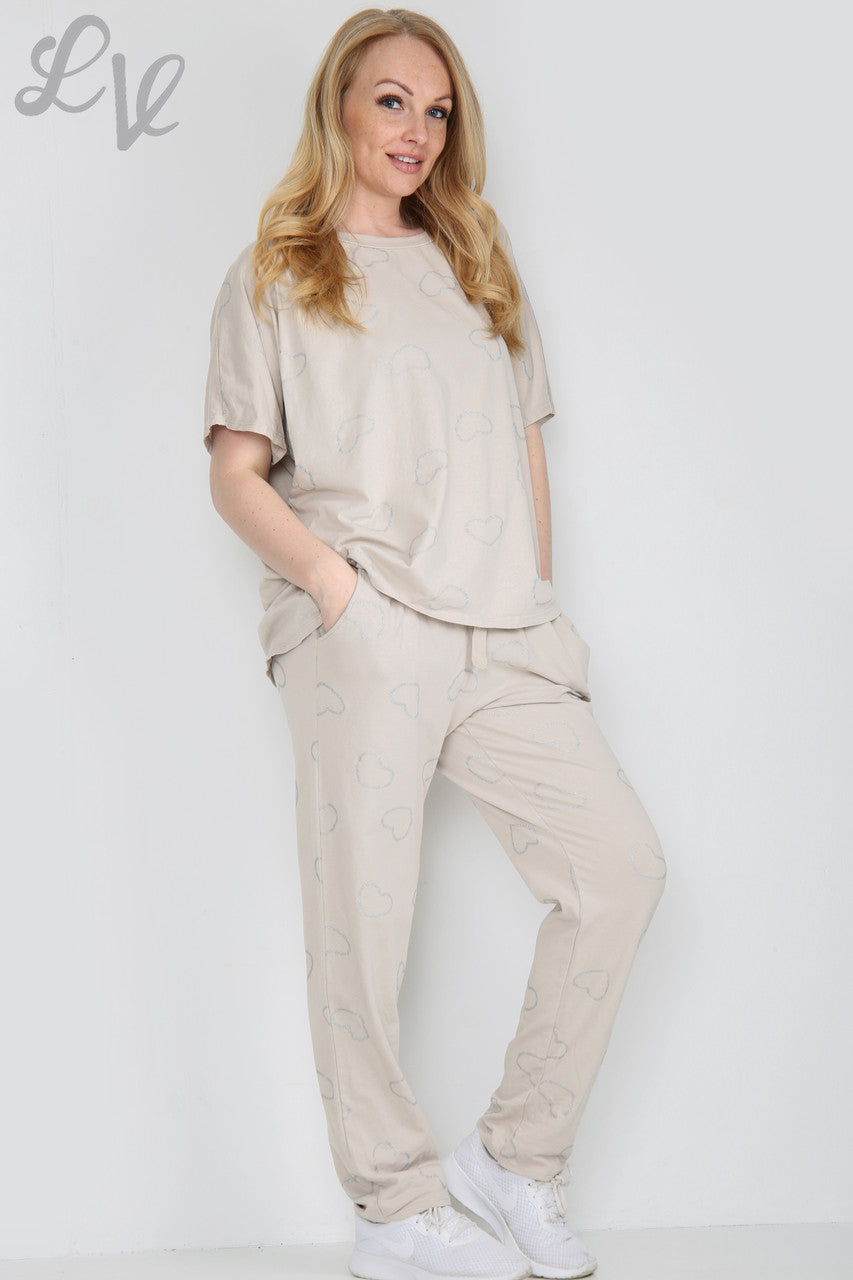 Dames Glitter Hartjesprint Loungewear Set Steen Stuksprijs WAS £25,99 NU £12,99