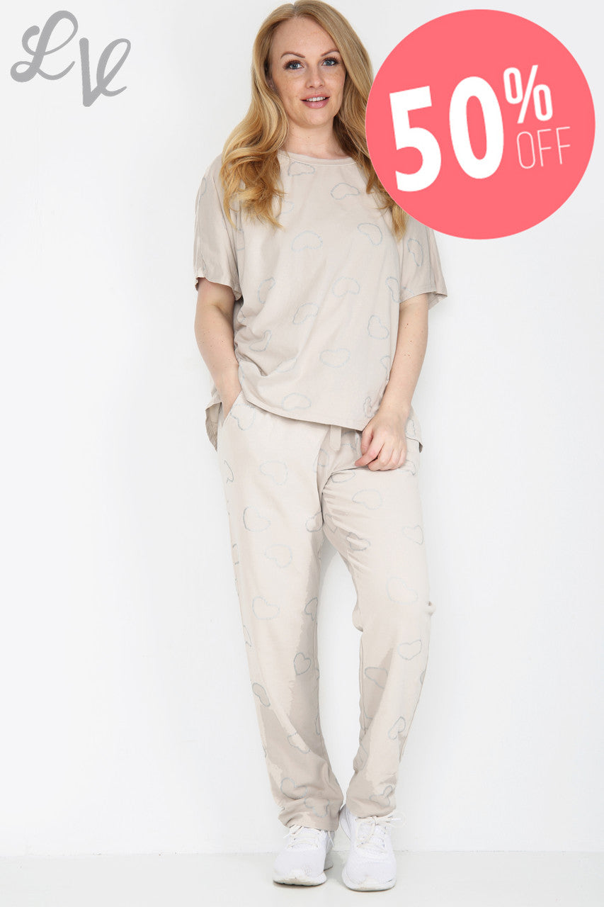 Dames Glitter Hartjesprint Loungewear Set Steen Stuksprijs WAS £25,99 NU £12,99