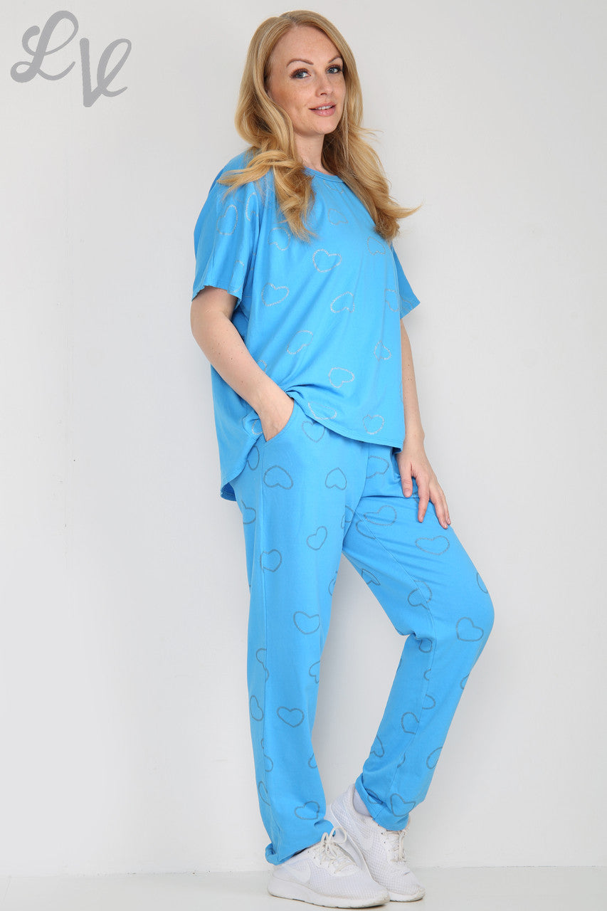Dames Glitter Hartjesprint Loungewear Set Turkoois Prijs WAS €25,99 NU €12,99