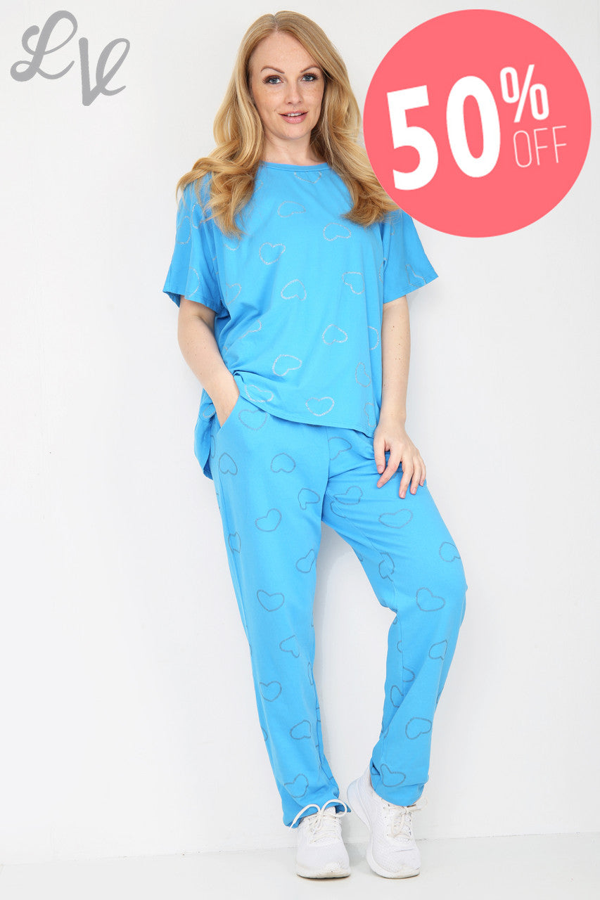 Dames Glitter Hartjesprint Loungewear Set Turkoois Prijs WAS €25,99 NU €12,99