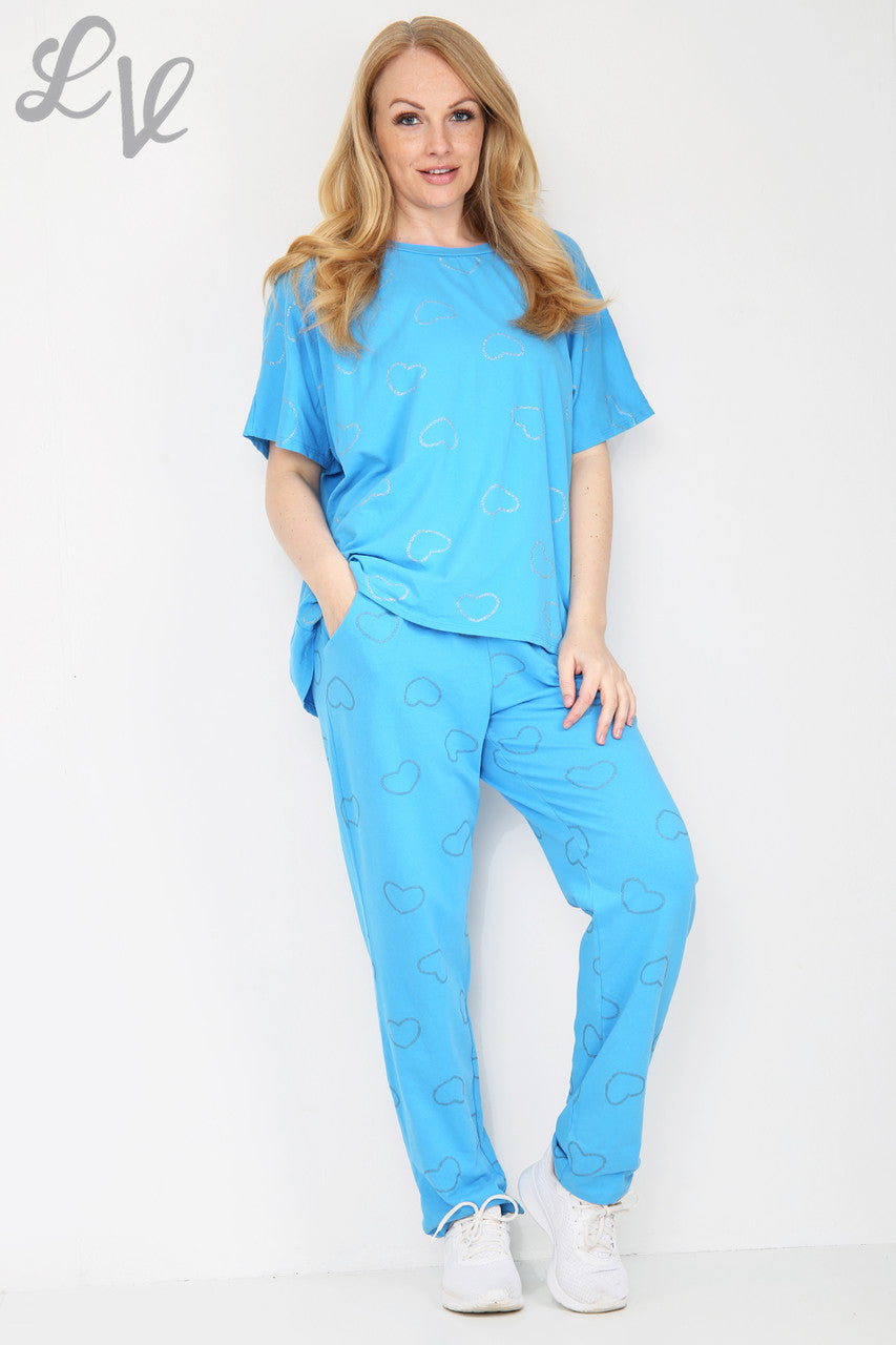 Dames Glitter Hartjesprint Loungewear Set Turkoois Prijs WAS €25,99 NU €12,99