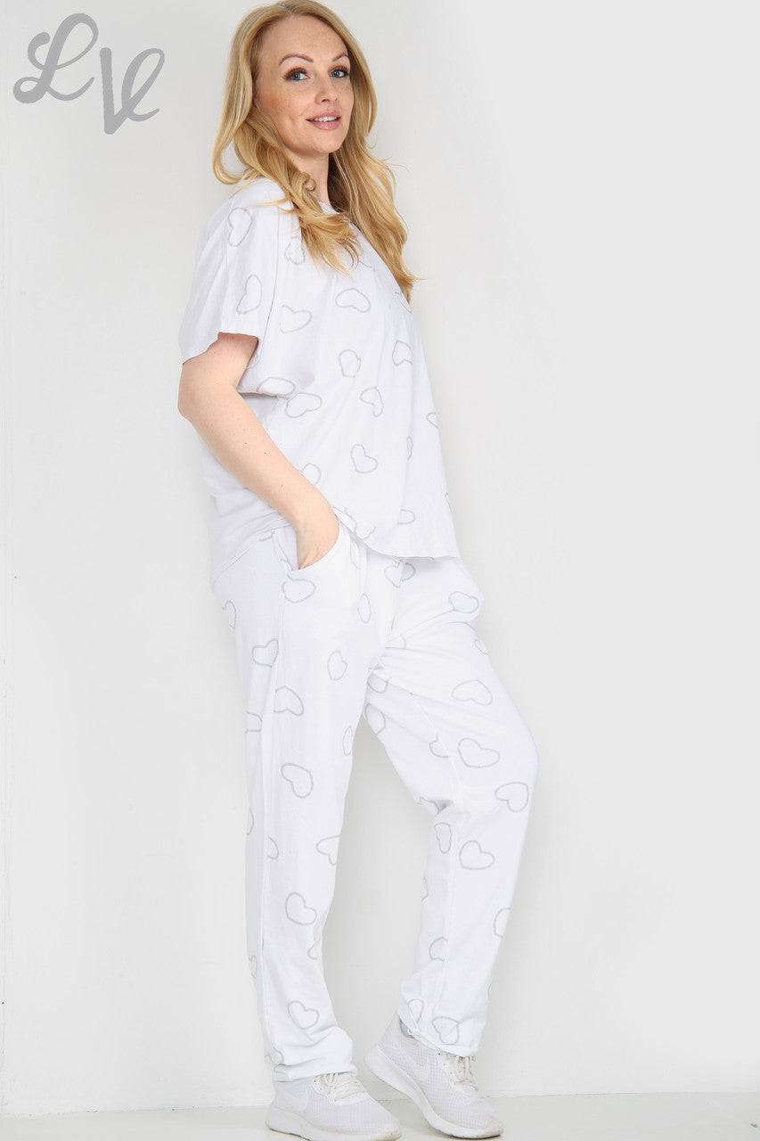 Dames Glitter Hartprint Loungewear Set Wit Stukprijs €15,99