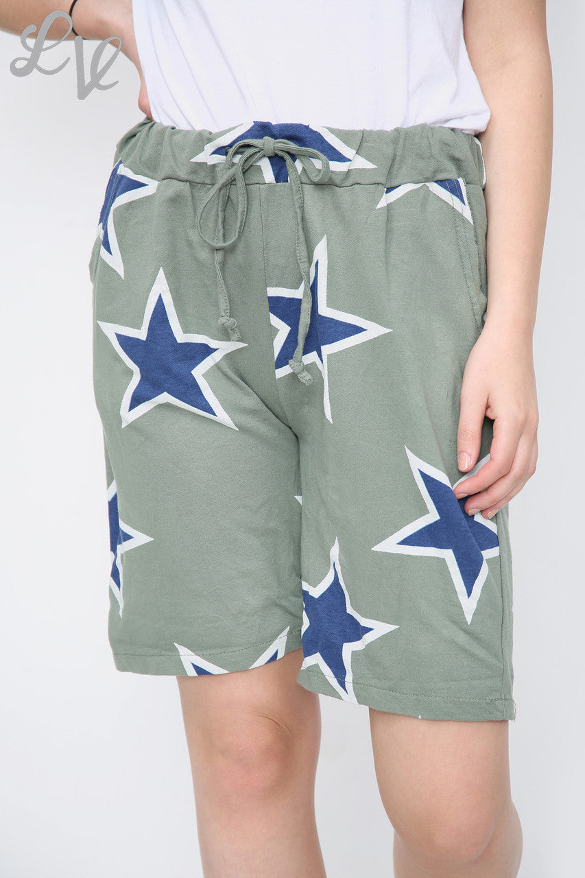 Dames joggingbroek met sterrenprint kaki - Prijs per stuk €4,99