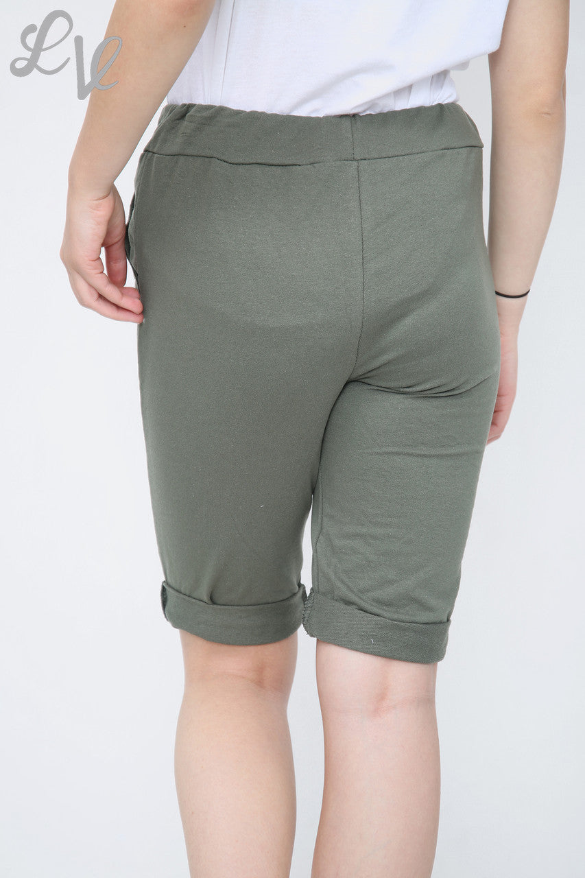 Dames Effen Joggingbroek Shorts met Trekkoord Kaki - Stukprijs £4,99
