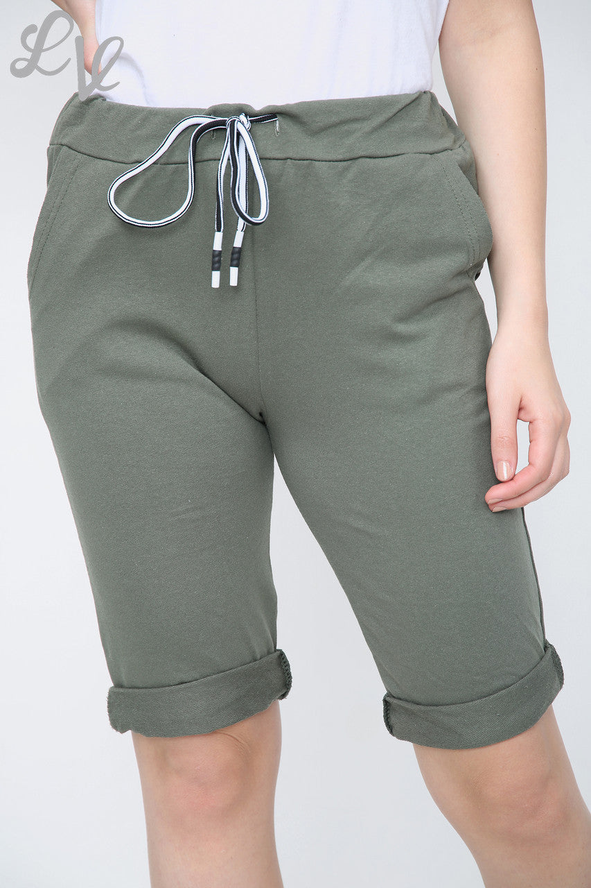 Dames Effen Joggingbroek Shorts met Trekkoord Kaki - Stukprijs £4,99
