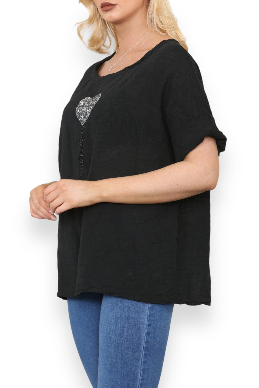 BALLOON HEART SEQUIN TOP BLACK
