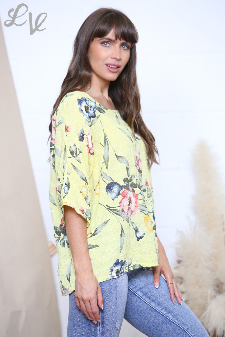 Ladies Flowers & Leaves Print Box Top Yellow