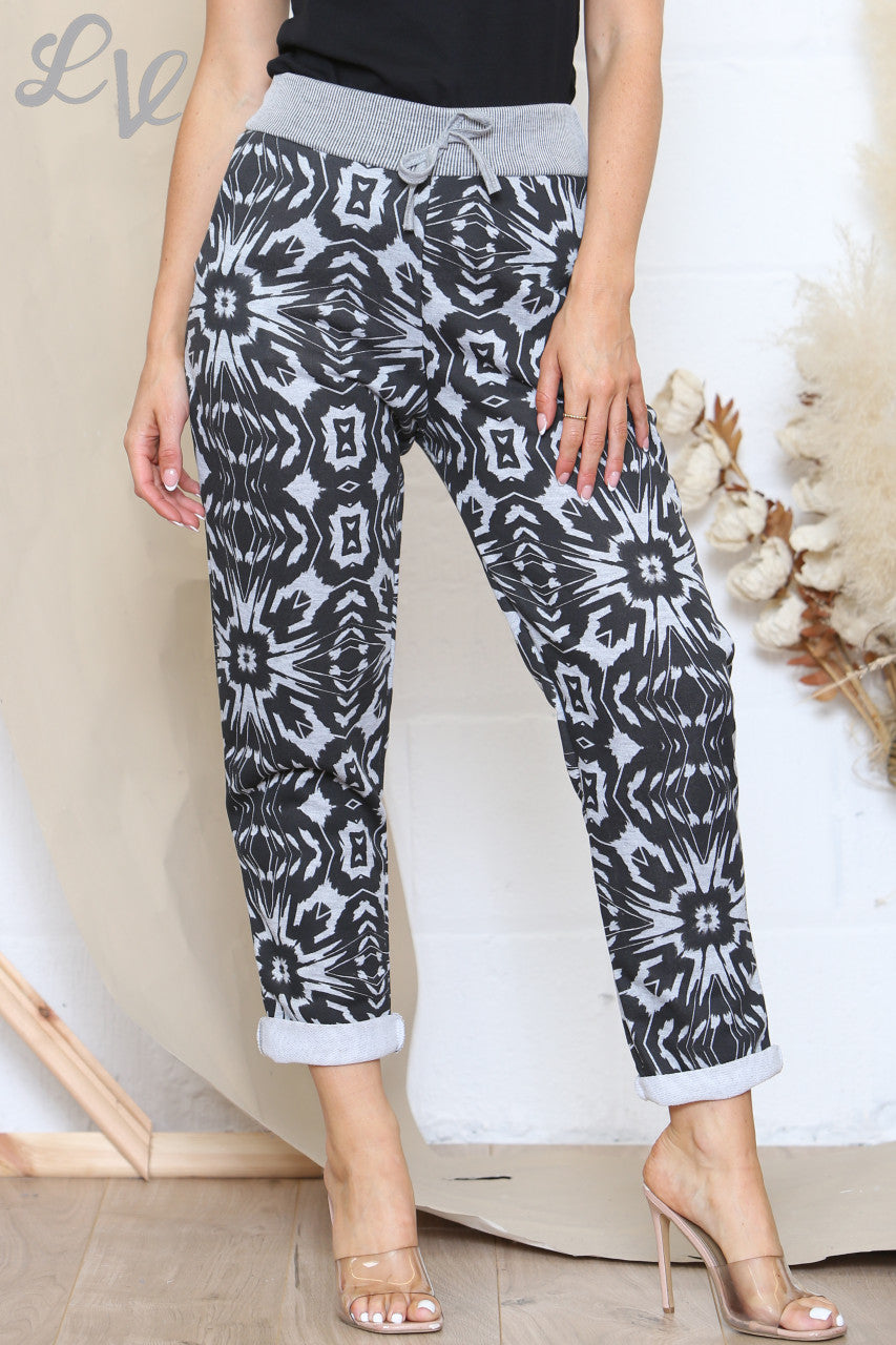 Dames Plus Size Bedrukte Joggingbroek Met Grijze Tailleband Hemelsblauw