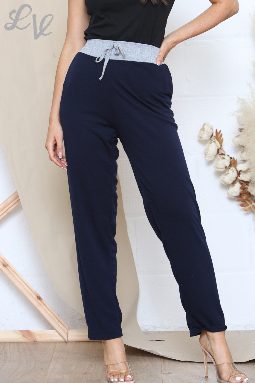 Ladies Plain Jogging Trousers With Grey Waistband Navy